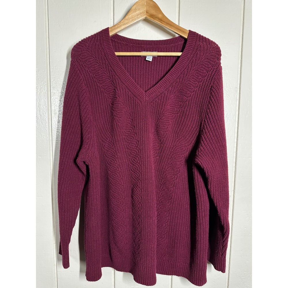 Croft & Barrow Sweater Womens 2X Burgundy V-Neck Cable Knit Pullover Ribbed 7559